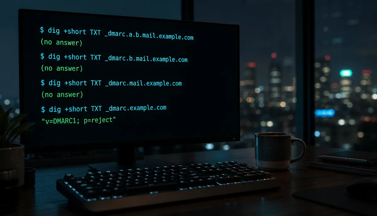 Dark developer workspace at night with a terminal running a series of DNS TXT lookups that climb from a long subdomain up to its parent domain